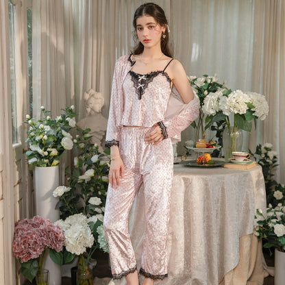 Floral Velvet 3-Piece Pajama Set with Lace Trim
