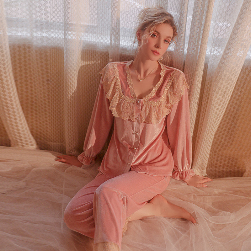 Pink Velvet Pajama Set with Lace Ruffles