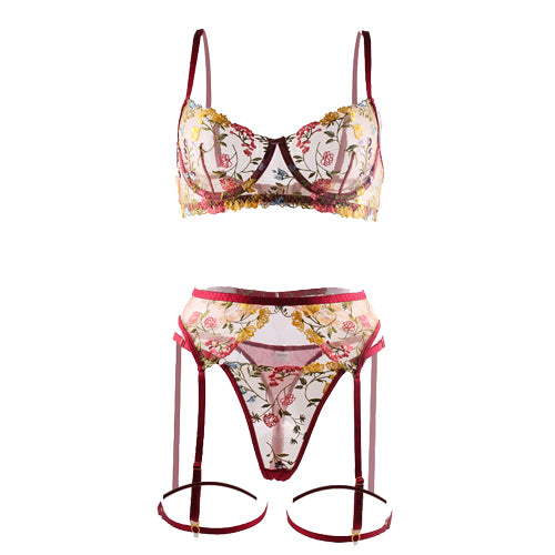 Floral Embroidered Lace Lingerie Set with Garter Straps
