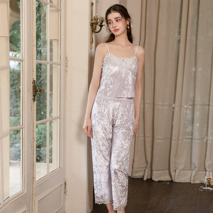 Floral Velvet 3-Piece Pajama Set with Lace Trim