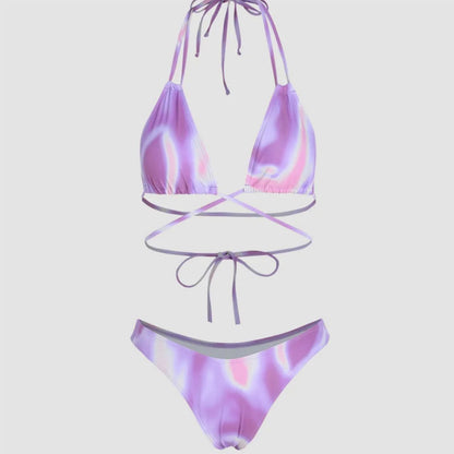 3-Piece Lavender Swirl Bikini Set with Wrap Skirt & Criss-Cross Straps – HuesLife Swimwear - alternate view 4