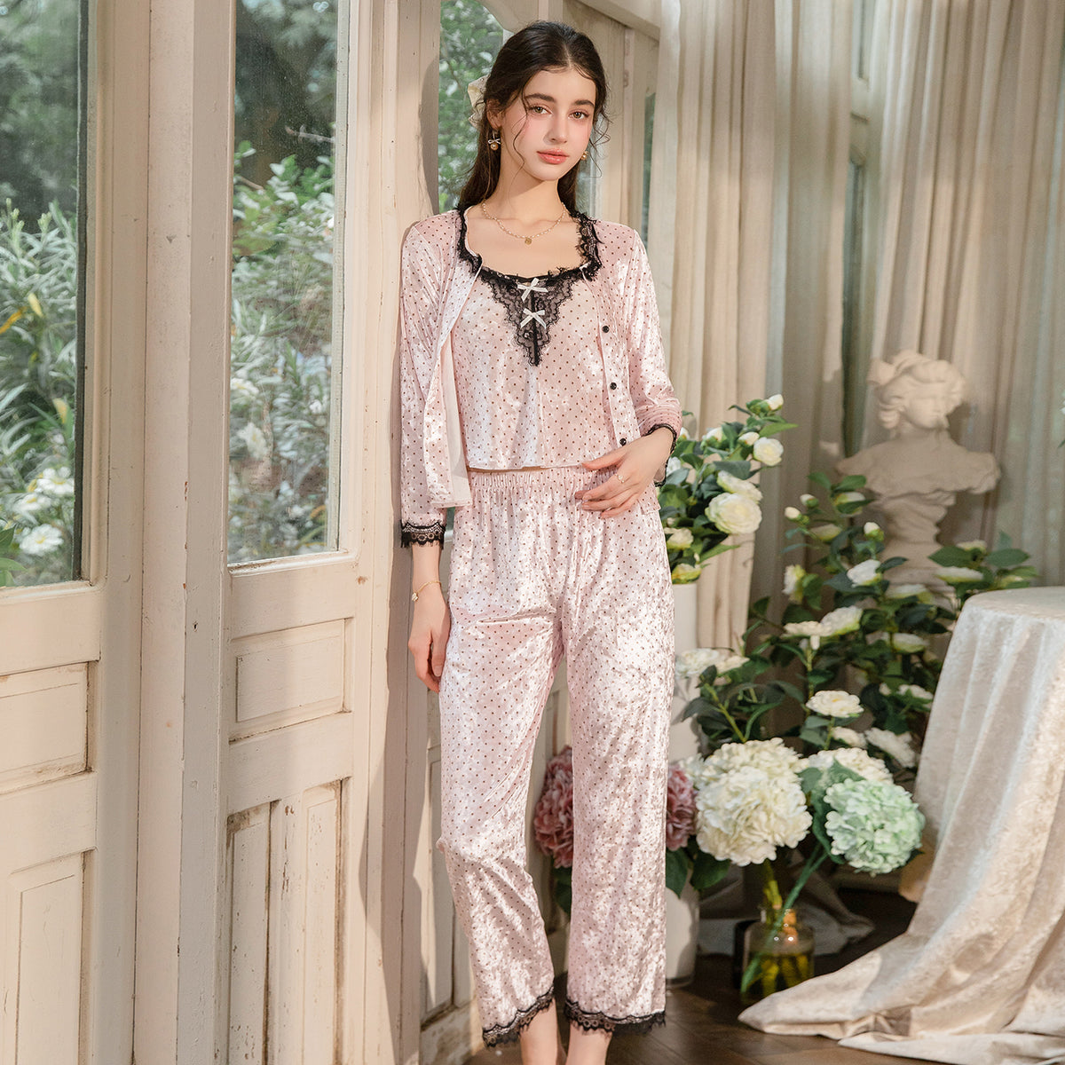 Floral Velvet 3-Piece Pajama Set with Lace Trim