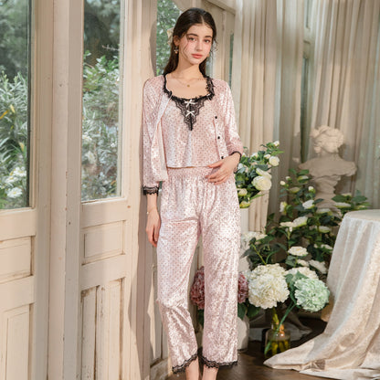 Floral Velvet 3-Piece Pajama Set with Lace Trim