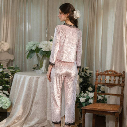 Floral Velvet 3-Piece Pajama Set with Lace Trim