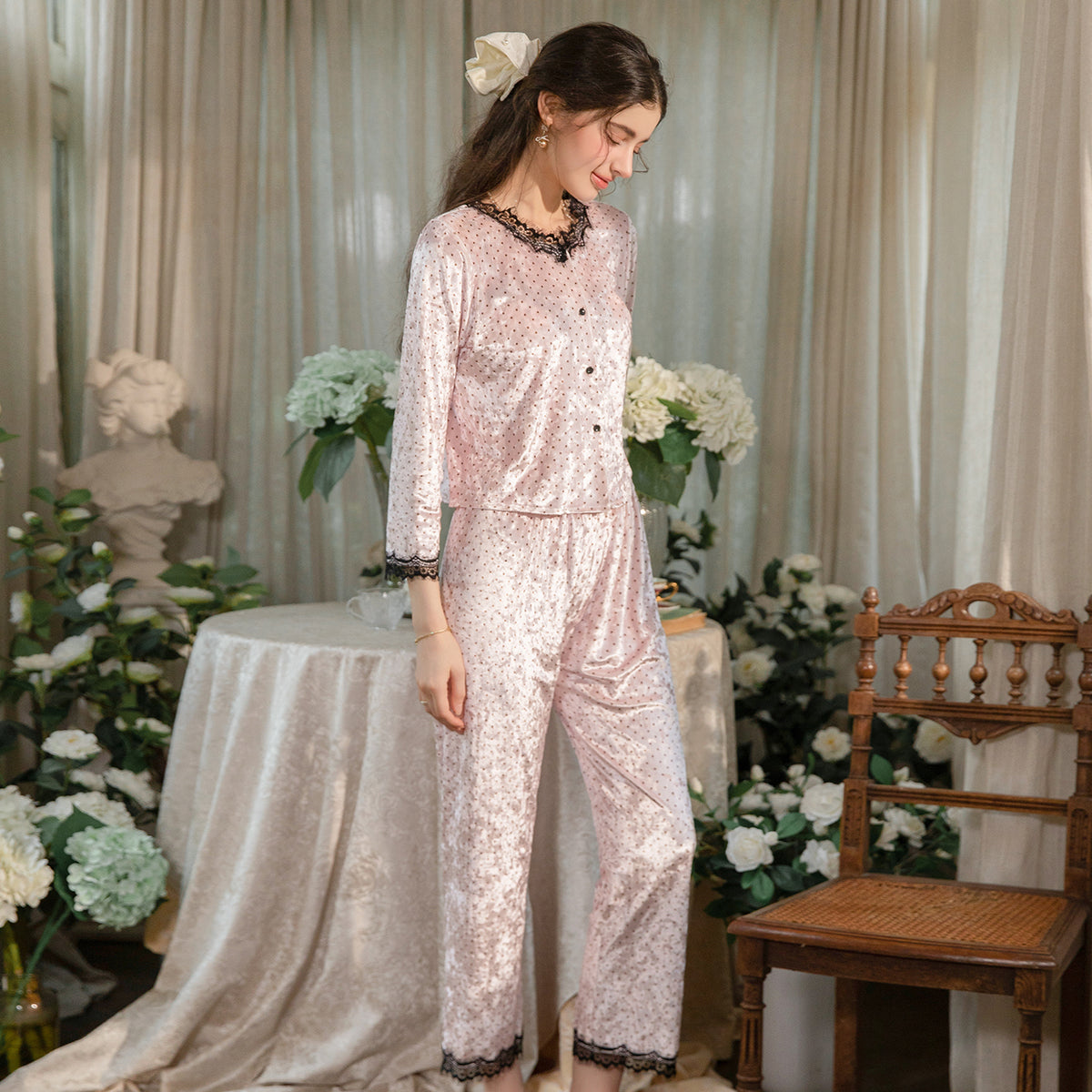 Floral Velvet 3-Piece Pajama Set with Lace Trim