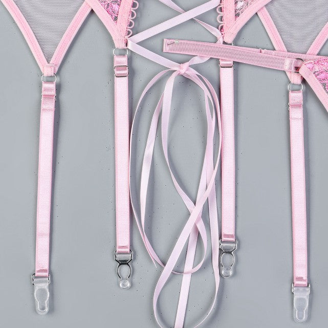 Embroidered design on three-piece lingerie set