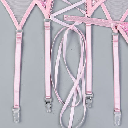 Embroidered design on three-piece lingerie set