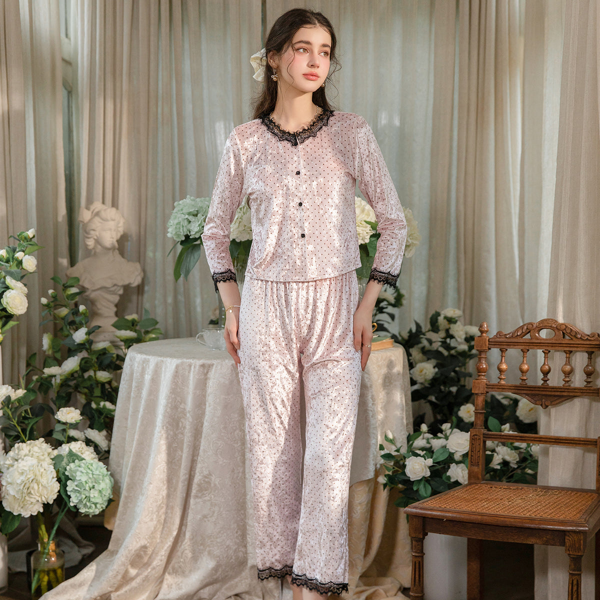 Floral Velvet 3-Piece Pajama Set with Lace Trim
