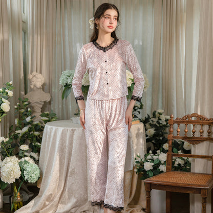 Floral Velvet 3-Piece Pajama Set with Lace Trim