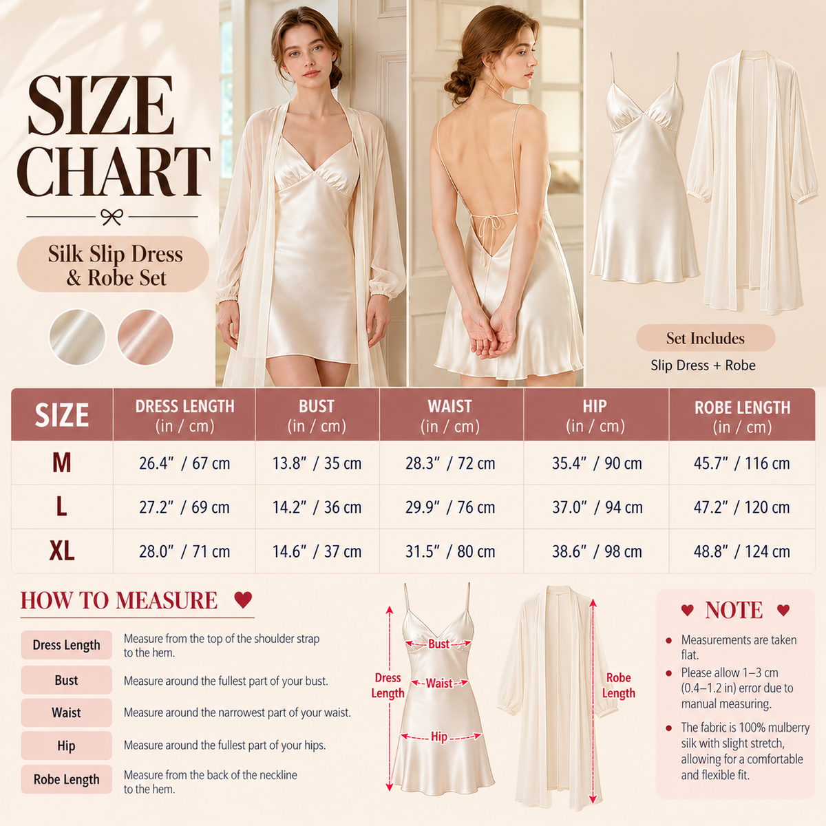 Ivory Mulberry Silk Nightgown and Robe Set with Open Back