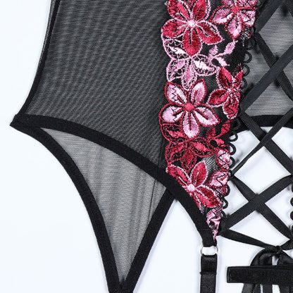Three-piece lingerie set featuring lace