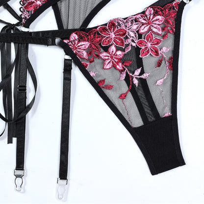 Embroidered design on three-piece lingerie set