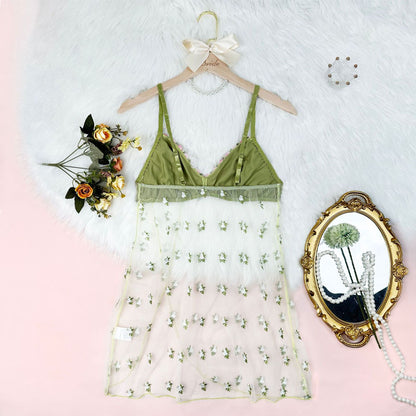 Plus Size Sheer Green Floral Embroidered Lingerie Set – Babydoll Dress & Thong