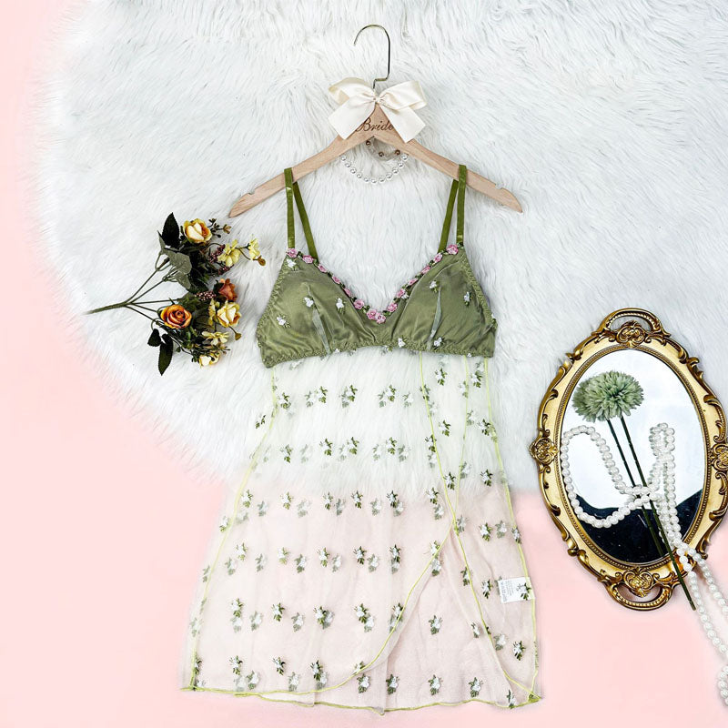 Plus Size Sheer Green Floral Embroidered Lingerie Set – Babydoll Dress & Thong