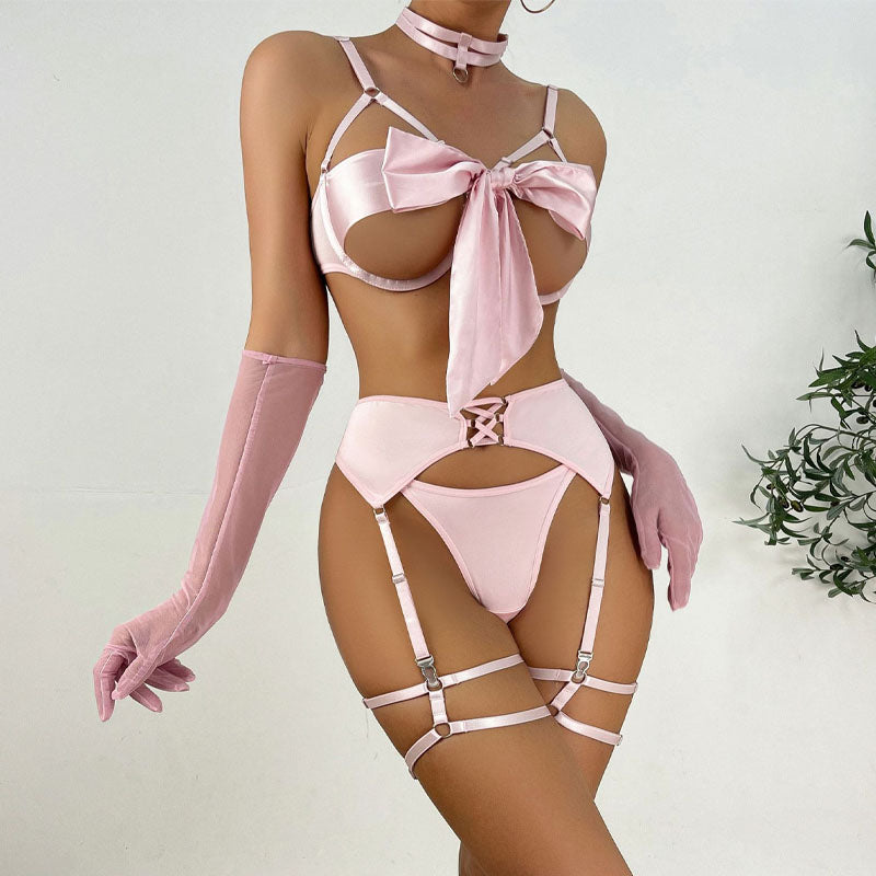 Five-piece lingerie set styled with satin