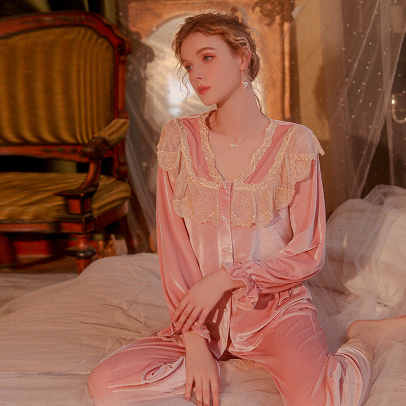 Pink Velvet Pajama Set with Lace Ruffles