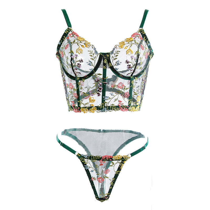 Floral Embroidery Sheer Lace Bustier and Thong Set