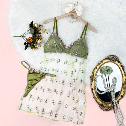 Plus Size Sheer Green Floral Embroidered Lingerie Set – Babydoll Dress & Thong