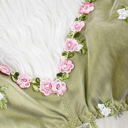 Plus Size Sheer Green Floral Embroidered Lingerie Set – Babydoll Dress & Thong