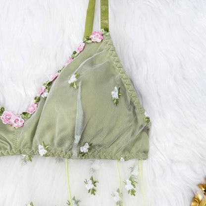 Plus Size Sheer Green Floral Embroidered Lingerie Set – Babydoll Dress & Thong