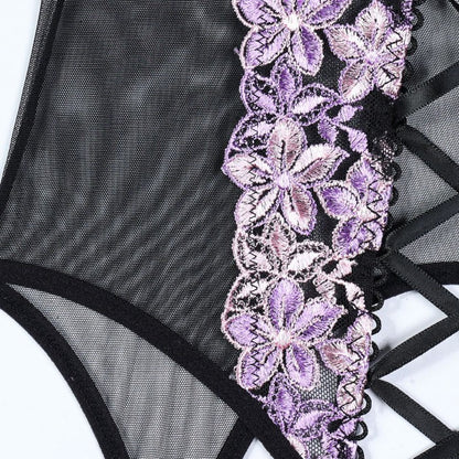 Embroidered design on three-piece lingerie set