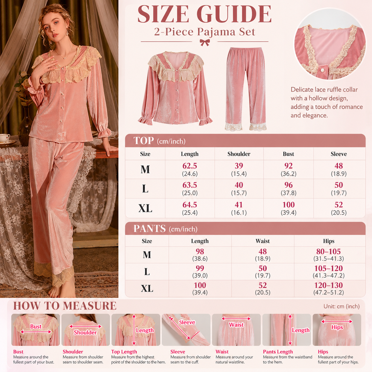 Pink Velvet Pajama Set with Lace Ruffles