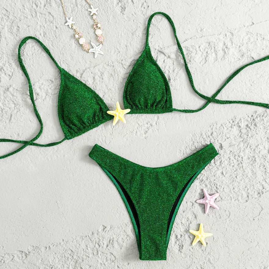 Sparkle Star Bikini Set – Shimmering Green Triangle Top and High-Cut Bottoms