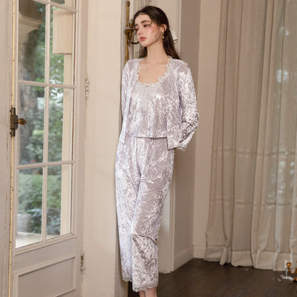 Floral Velvet 3-Piece Pajama Set with Lace Trim