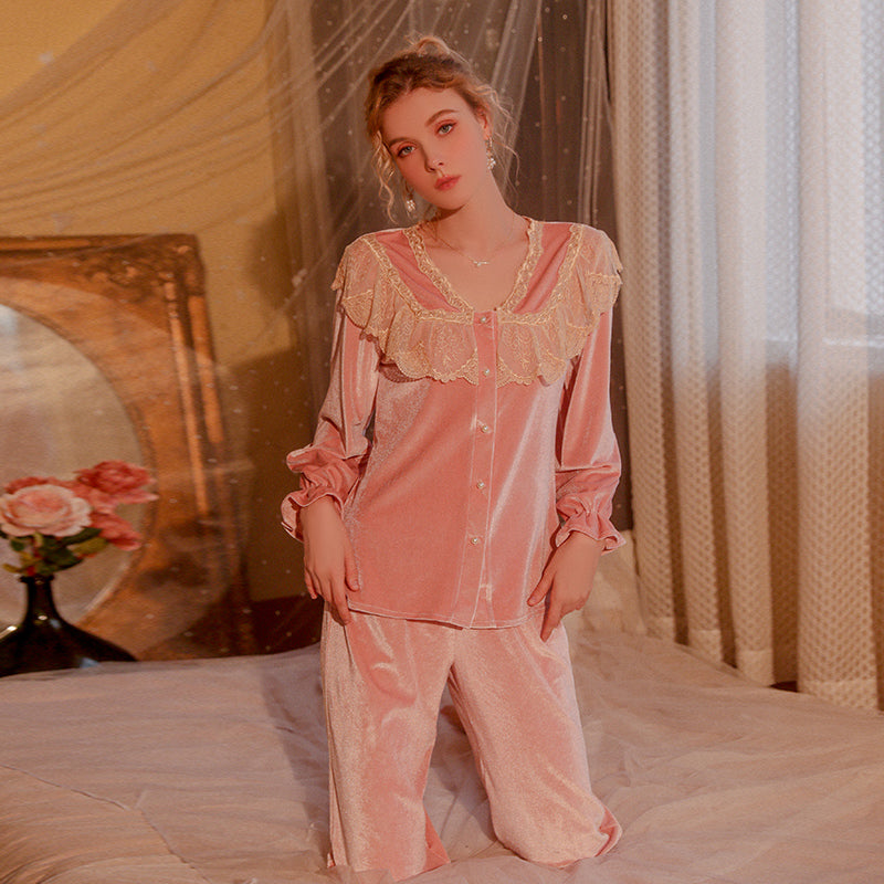 Pink Velvet Pajama Set with Lace Ruffles