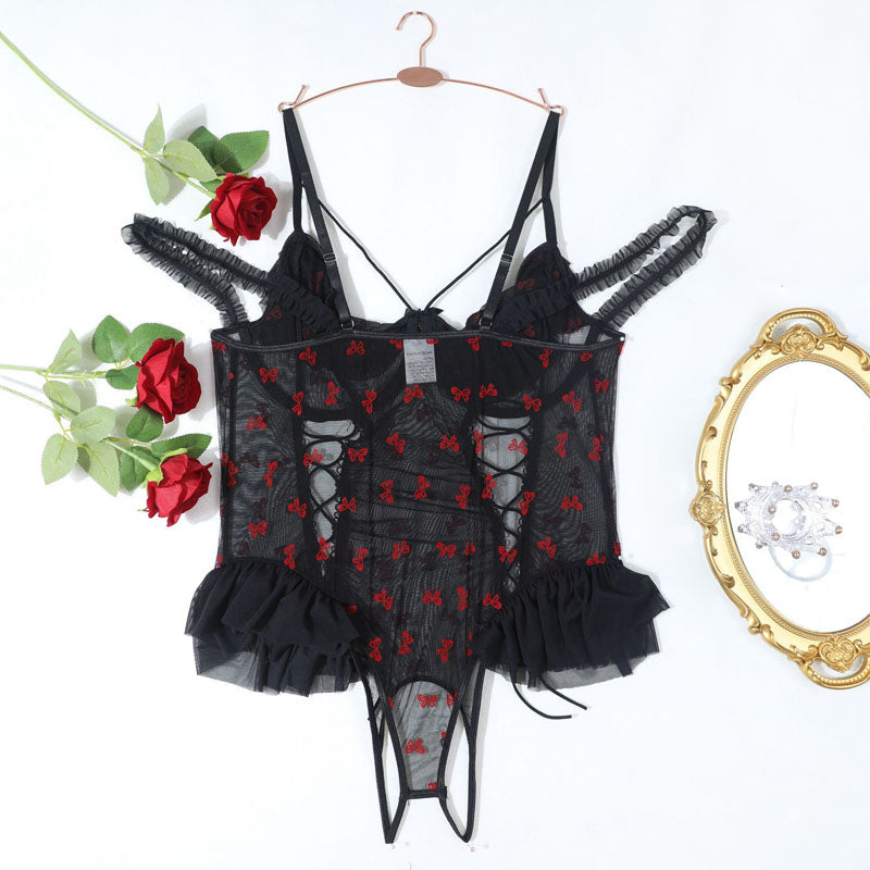 Plus Size Crotchless Lace Lingerie Bodysuit – Sheer Mesh One-Piece with Bows & Ruffle Trim