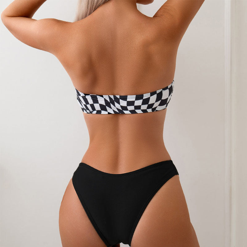 Retro Stripe Bandeau Bikini Set – High-Cut Thong Bottom