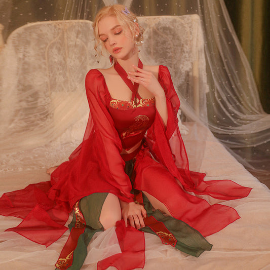 Red Phoenix Hanfu-Inspired Cosplay Costume with Sheer Skirt