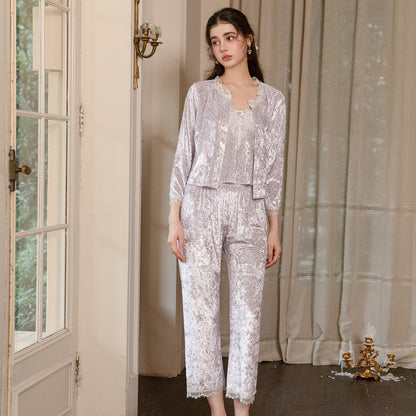 Floral Velvet 3-Piece Pajama Set with Lace Trim