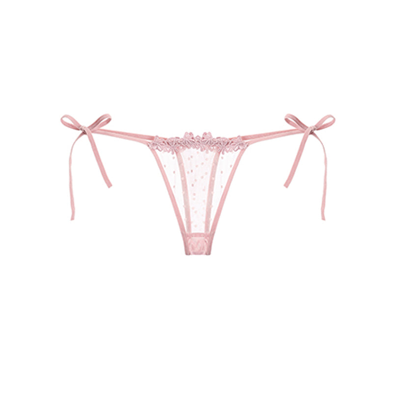 PINK lace tie-side thong with intricate lace detailing and adjustable tie sides.