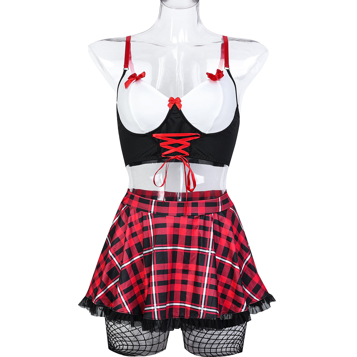 Plaid schoolgirl cosplay lingerie set