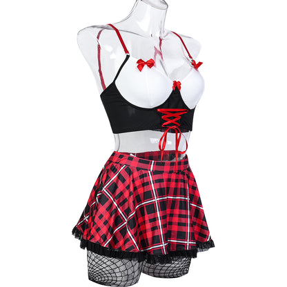 Schoolgirl roleplay lingerie set with fishnet details