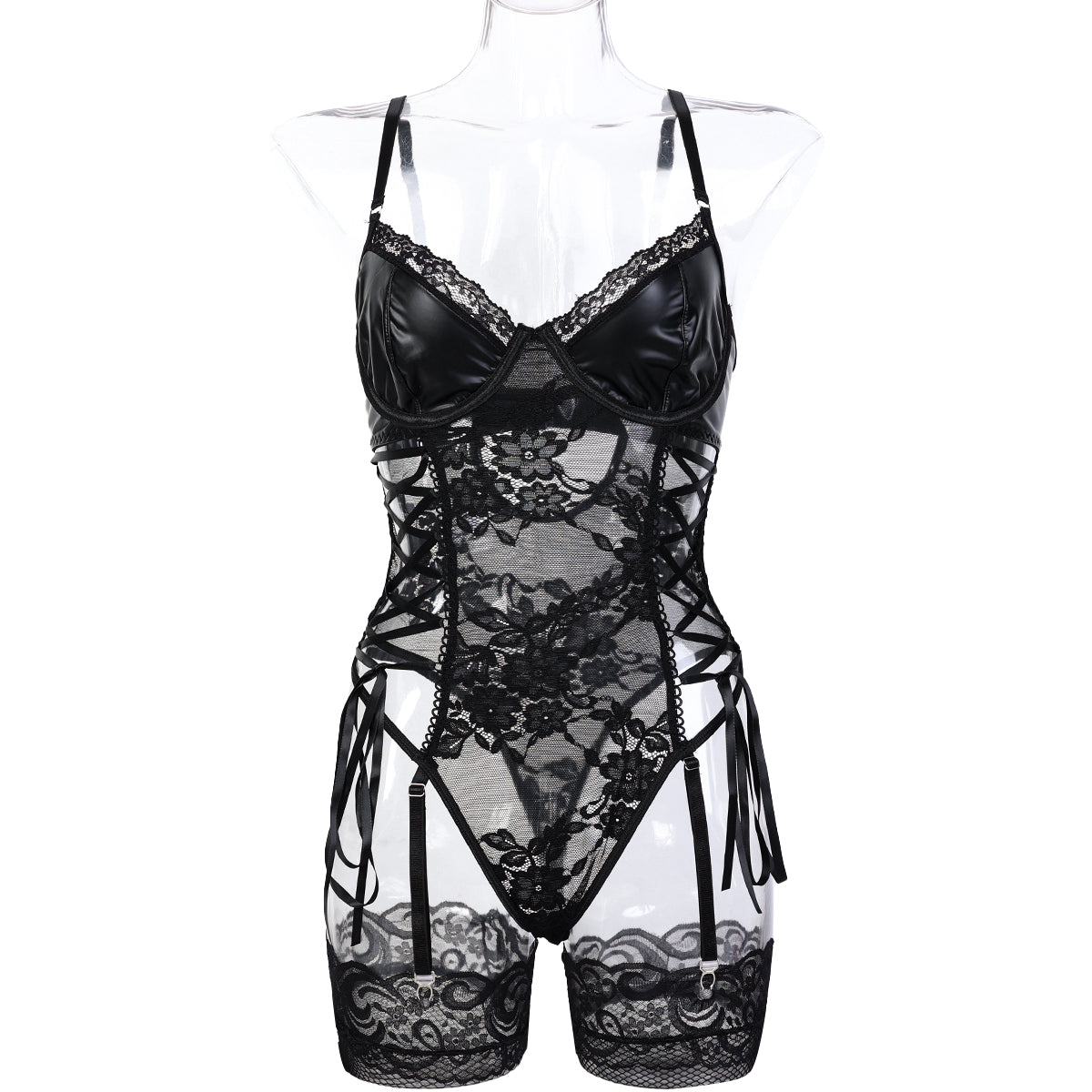 Sexy Black Lace Teddy Lingerie Set with Stockings – PU Faux Leather Bustier Bodysuit with Garters
