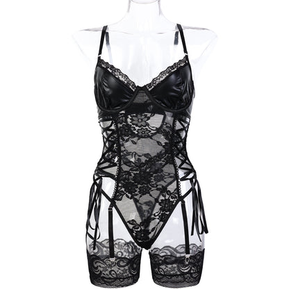 Sexy Black Lace Teddy Lingerie Set with Stockings – PU Faux Leather Bustier Bodysuit with Garters