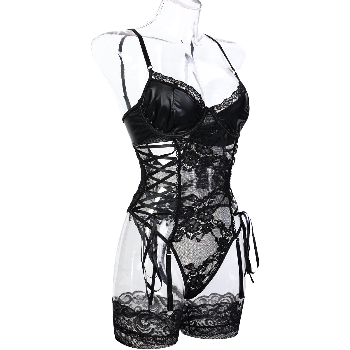 Sexy Black Lace Teddy Lingerie Set with Stockings – PU Faux Leather Bustier Bodysuit with Garters