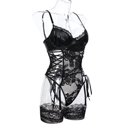 Sexy Black Lace Teddy Lingerie Set with Stockings – PU Faux Leather Bustier Bodysuit with Garters