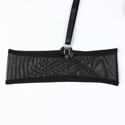 Three-piece lingerie set styled with sheer mesh
