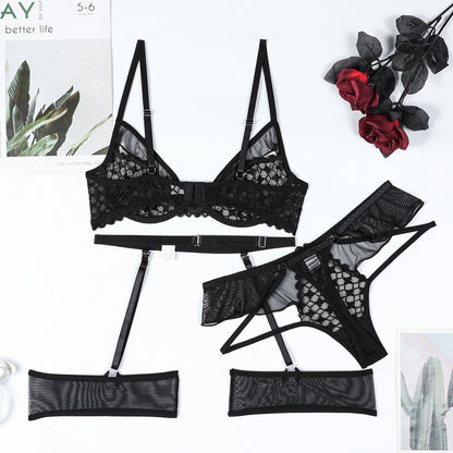 Three-piece lingerie set with embroidered design
