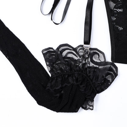 Sexy Black Lace Teddy Lingerie Set with Stockings – PU Faux Leather Bustier Bodysuit with Garters
