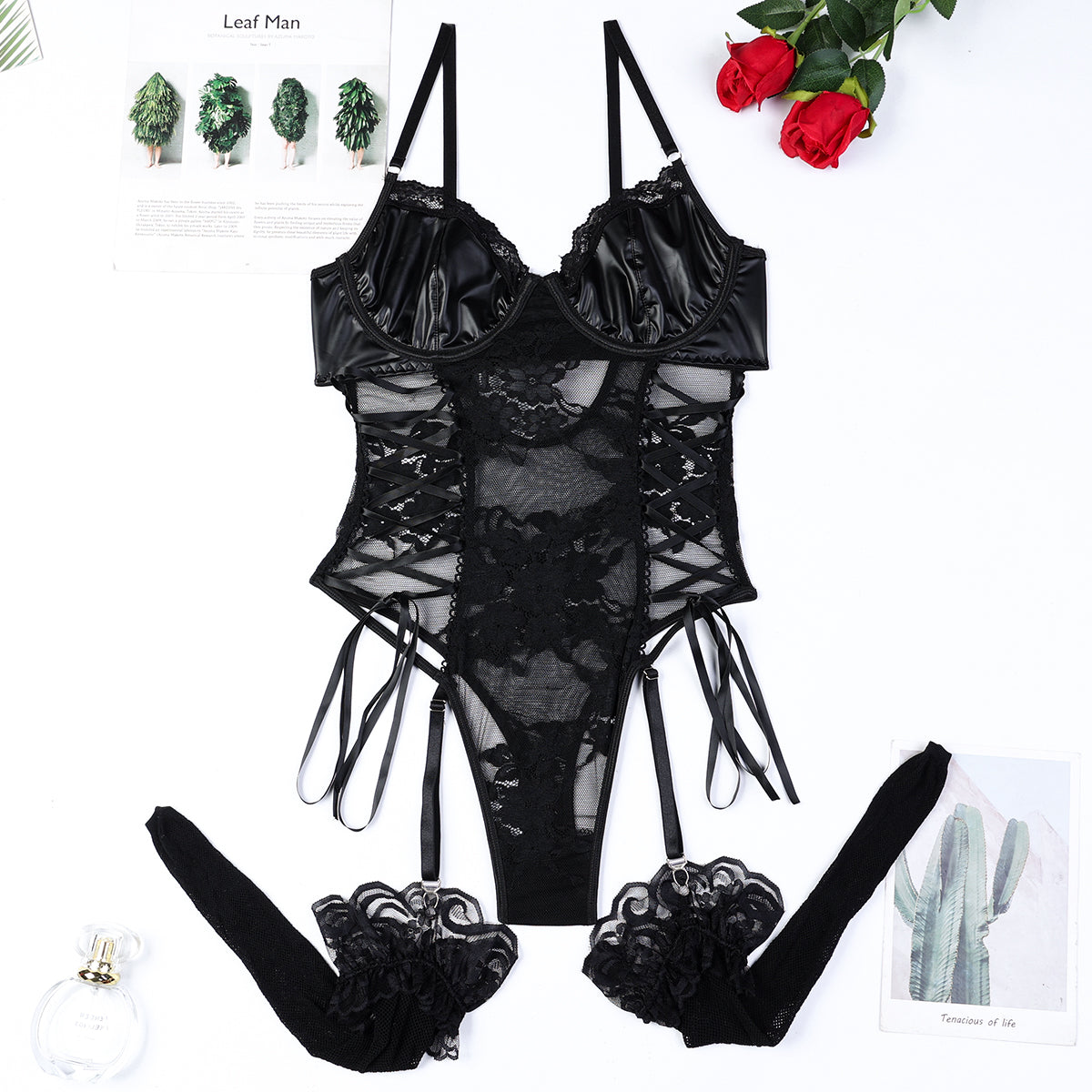 Sexy Black Lace Teddy Lingerie Set with Stockings – PU Faux Leather Bustier Bodysuit with Garters