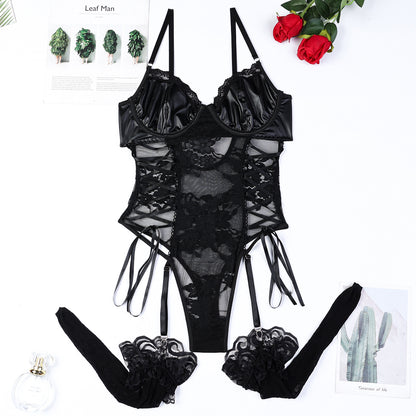 Sexy Black Lace Teddy Lingerie Set with Stockings – PU Faux Leather Bustier Bodysuit with Garters