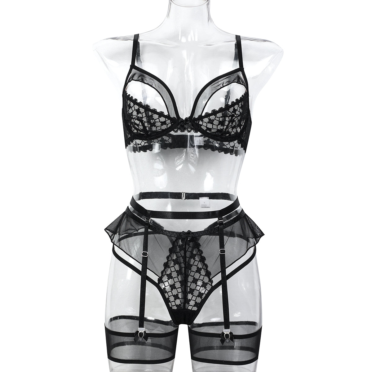Strappy three-piece lingerie set design details