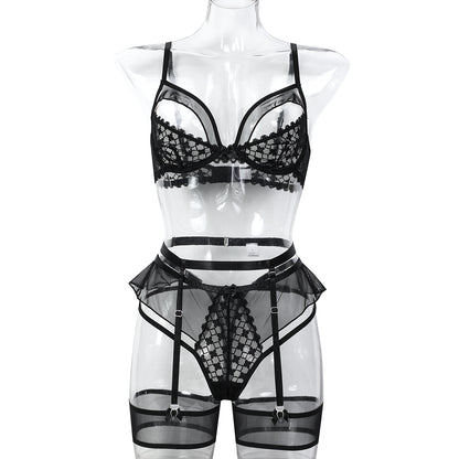 Strappy three-piece lingerie set design details