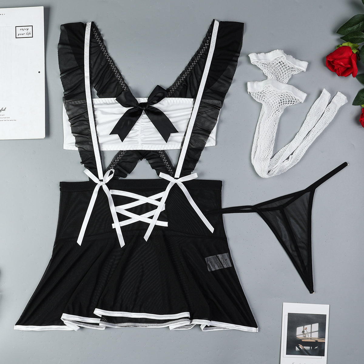 Bow details on maid roleplay lingerie set