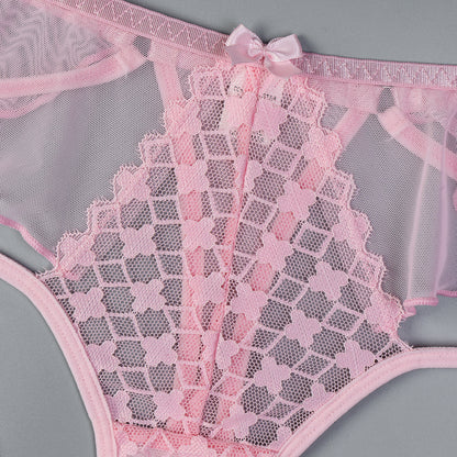 Three-piece lingerie set featuring embroidered