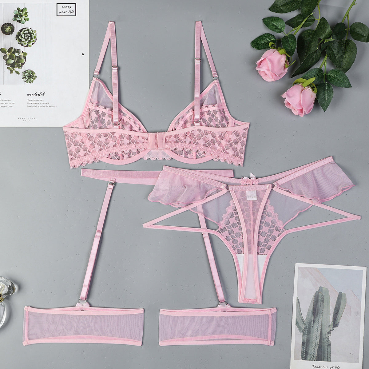 Sheer mesh three-piece lingerie set